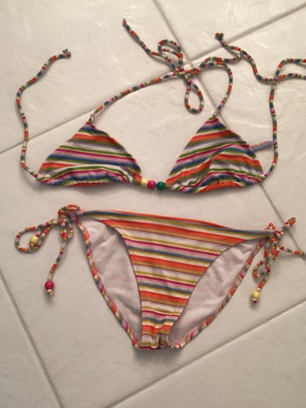 Woman’s Striped Multicolor Tie-Side Bikini Set with large colorful beads